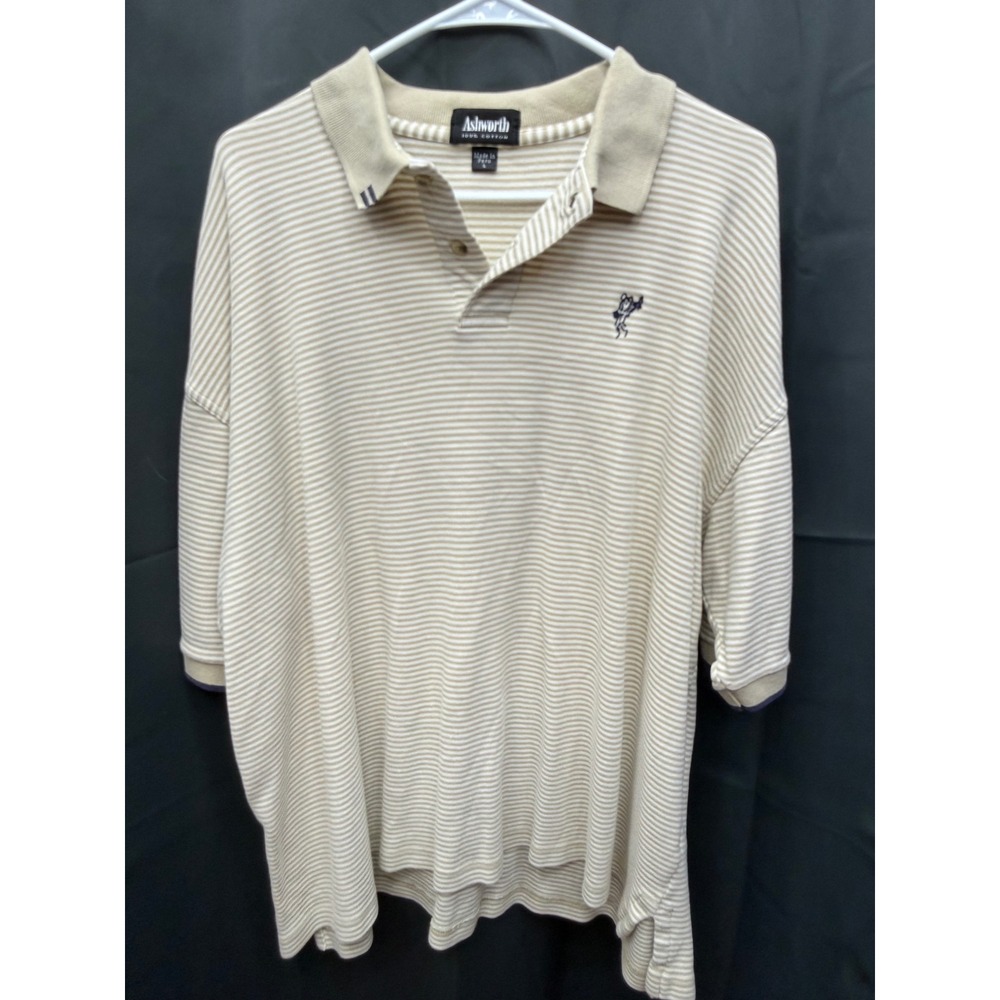Ashworth Mens Large Tan White Striped‎ 100% Cotton Short Sleeve Golf Polo Shirt